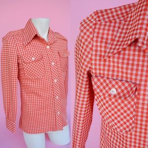 Vintage Red & White Gingham Plaid 70s Shirt Unisex